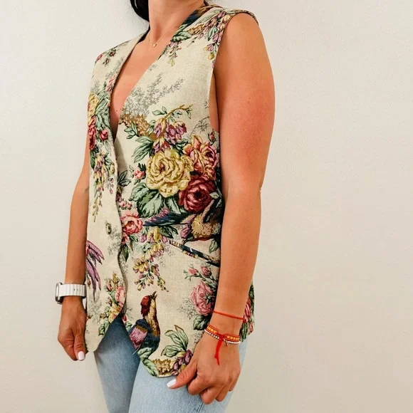 F. L. Malik Vintage 90s floral tapestry vest linen blend boho - Picture 3 of 11